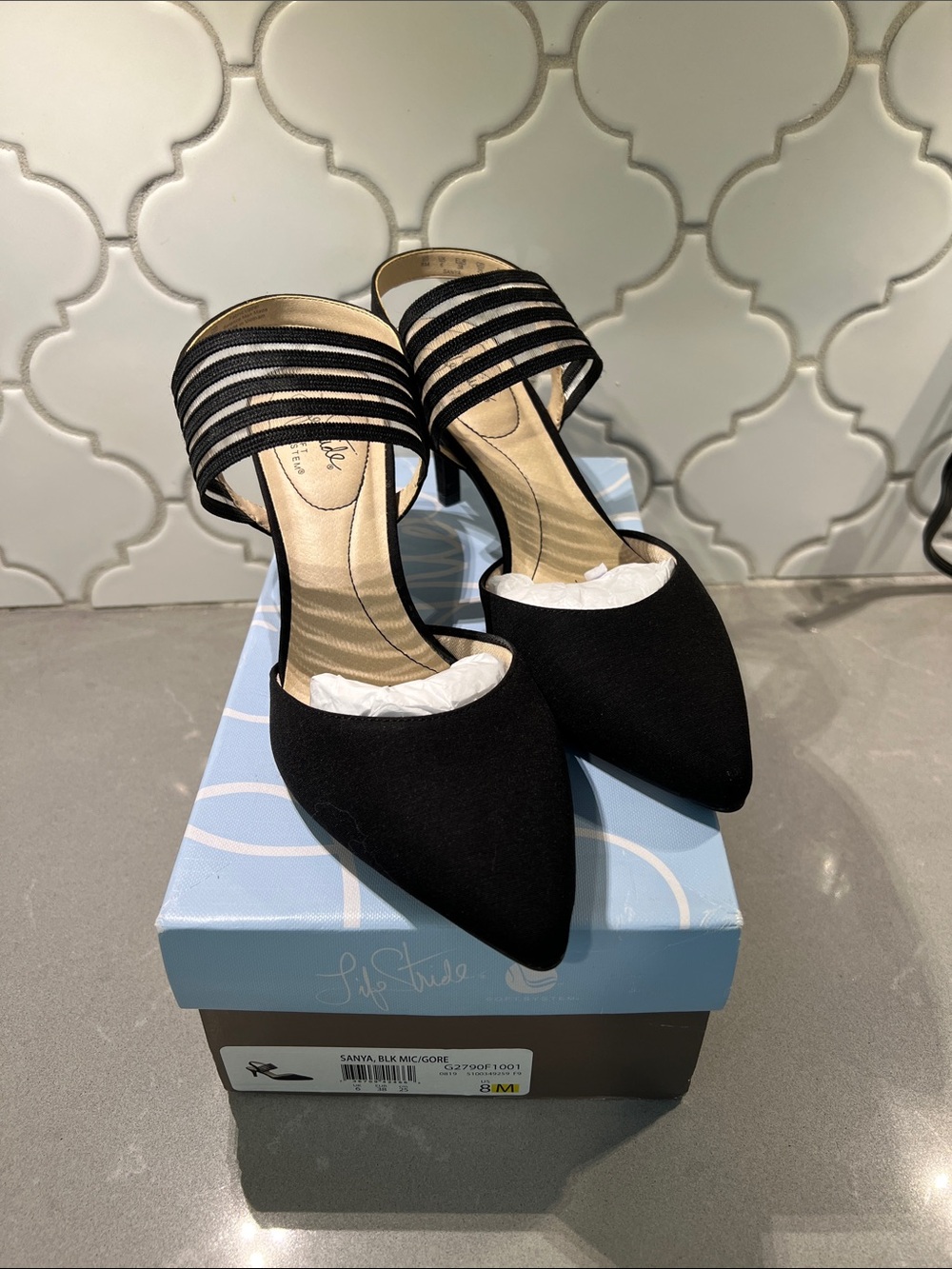 Life Stride Black Pointed D'Orsay Mule with Striped Ankle Band